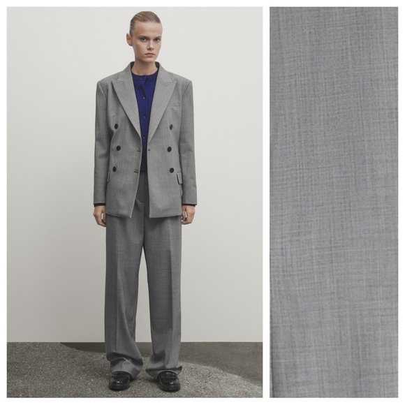 NWT. Massimo Dutti Gray Double-Breasted Fil à fil Fabric Blazer. Size 6.